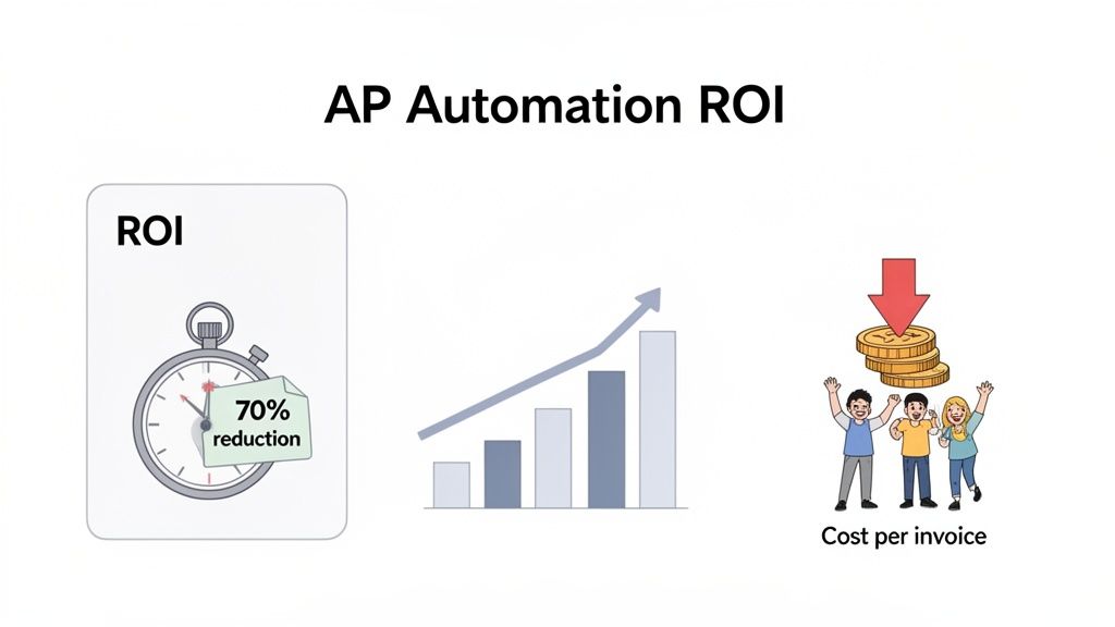 AP automation benefits showing 70% time reduction, increased ROI, and reduced cost per invoice.