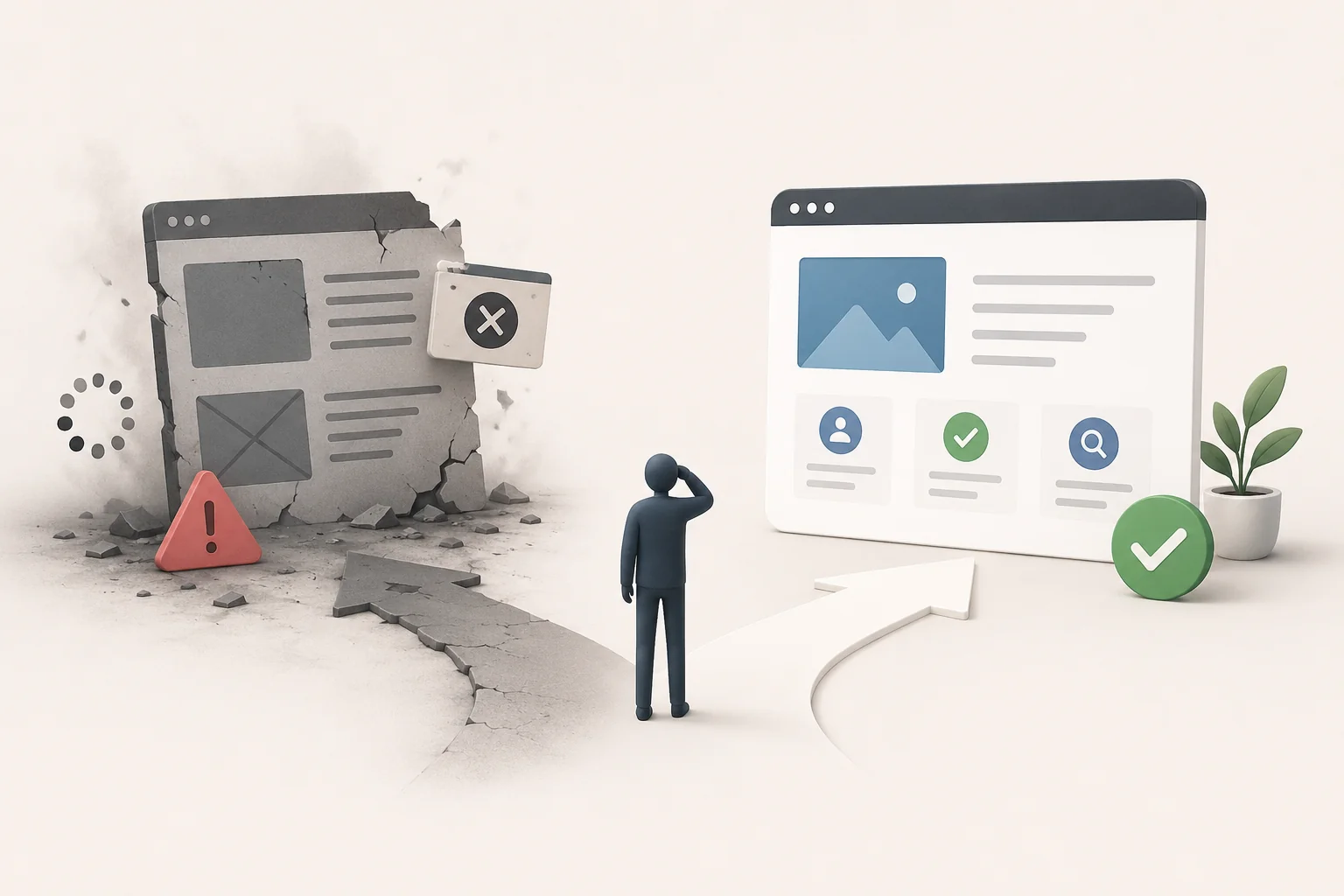 An illustration of a cracked, error-filled webpage with red warning icons on the left, a puzzled person in the middle, and a clean webpage with green checkmarks on the right, representing fixing a failing site audit.