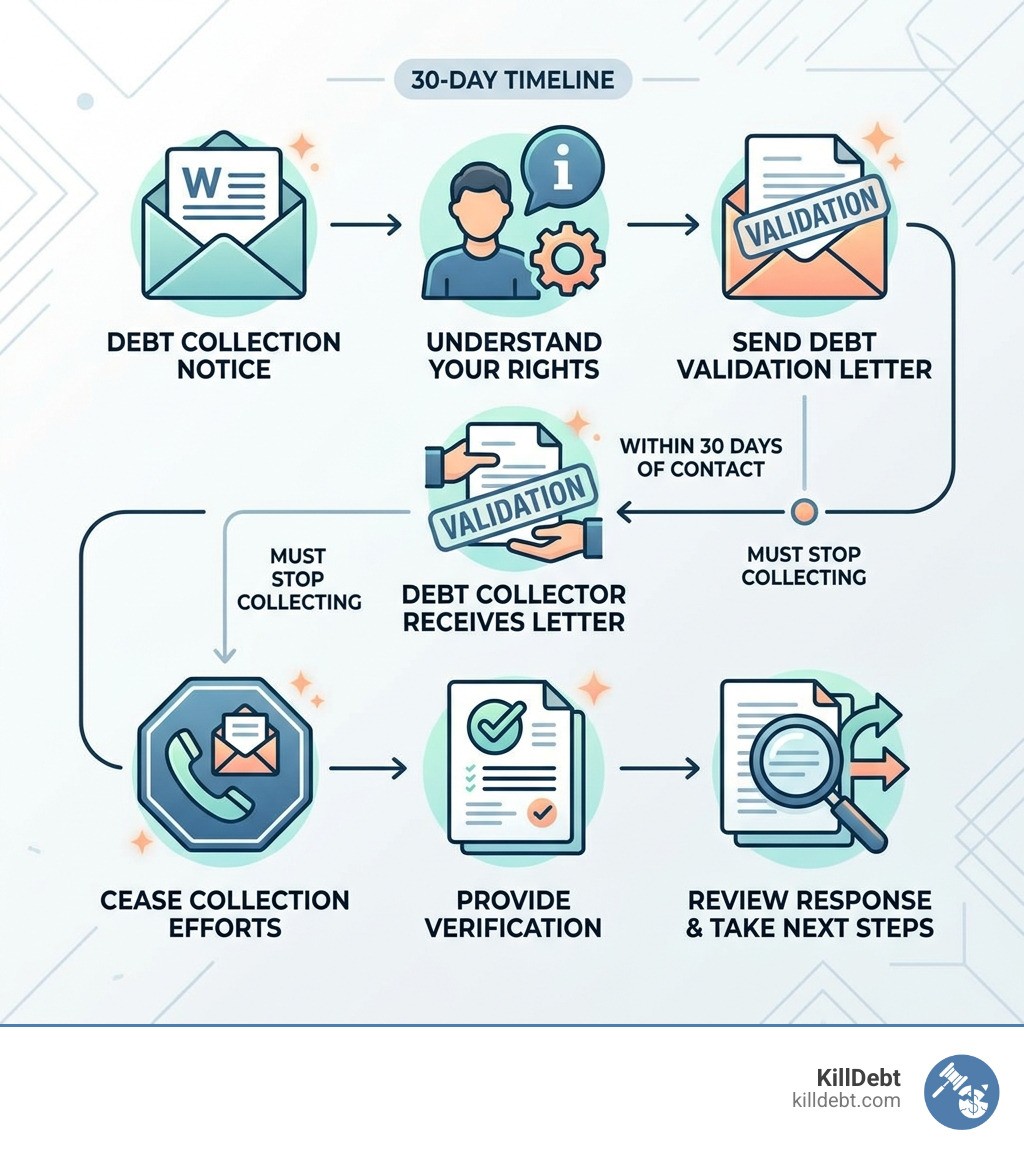30-day debt validation timeline infographic showing steps from first contact to collector response deadline - debt