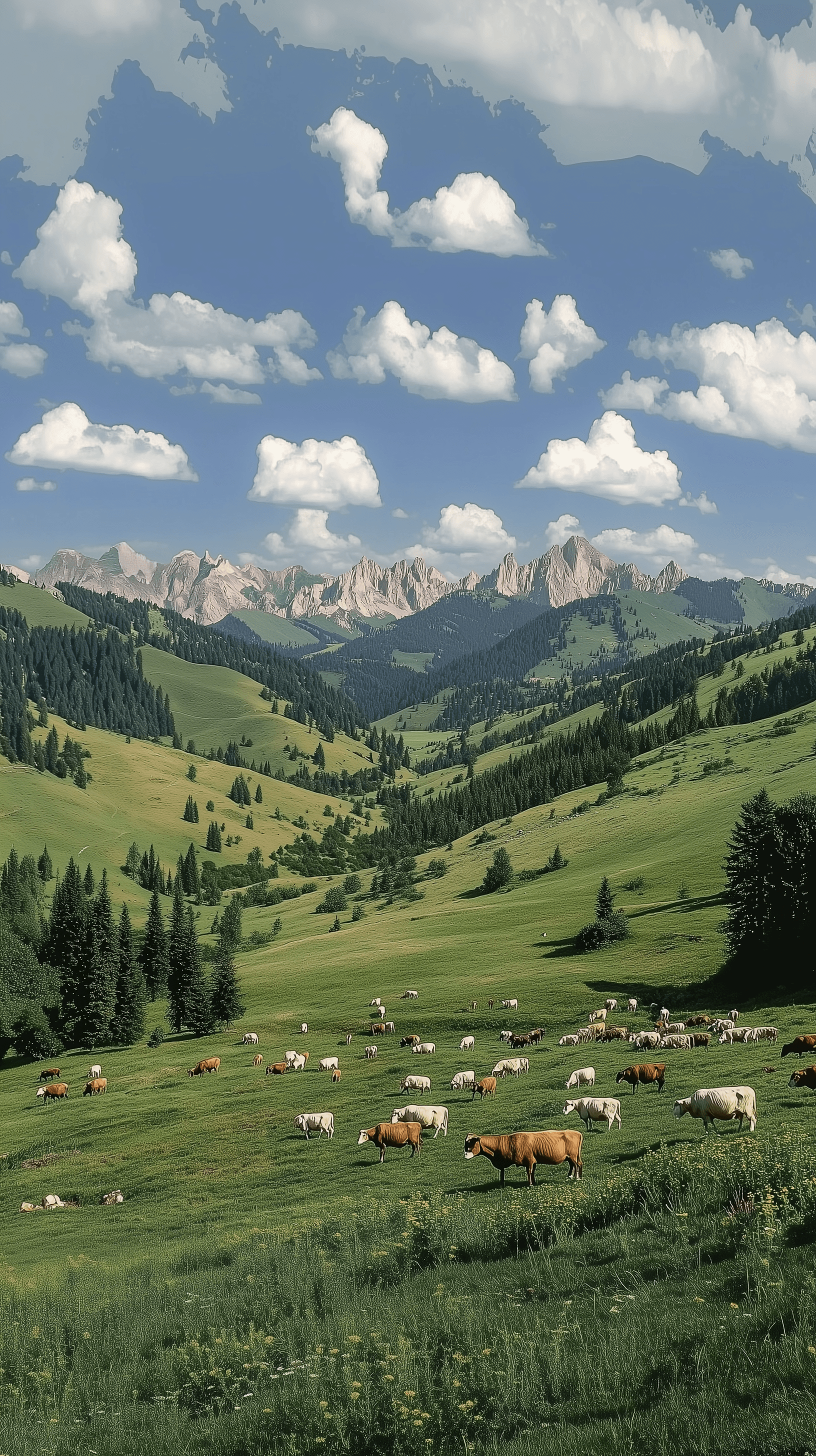 A vast grassland with many cows and sheep grazing, Cows and sheep graze on the green grass of high mountains, The grassland is covered with green and brown pastures, clear sky, creating a natural atmosphere. High-resolution photographic images showcase tranquility and beauty., panoramic view, green trees on both sides of the grasslands, surrounded by pine trees in summer. In front is an endless sea of flowers