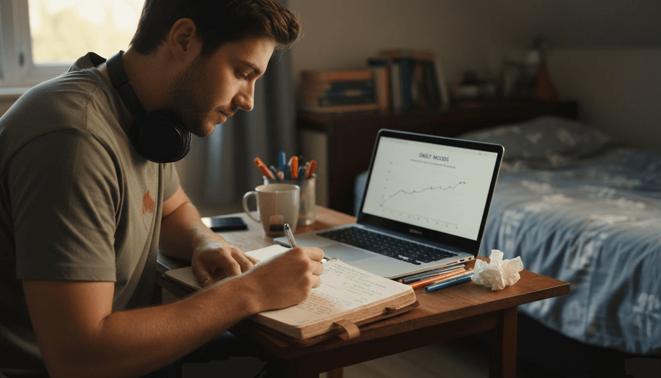 Man journaling emotional patterns at desk