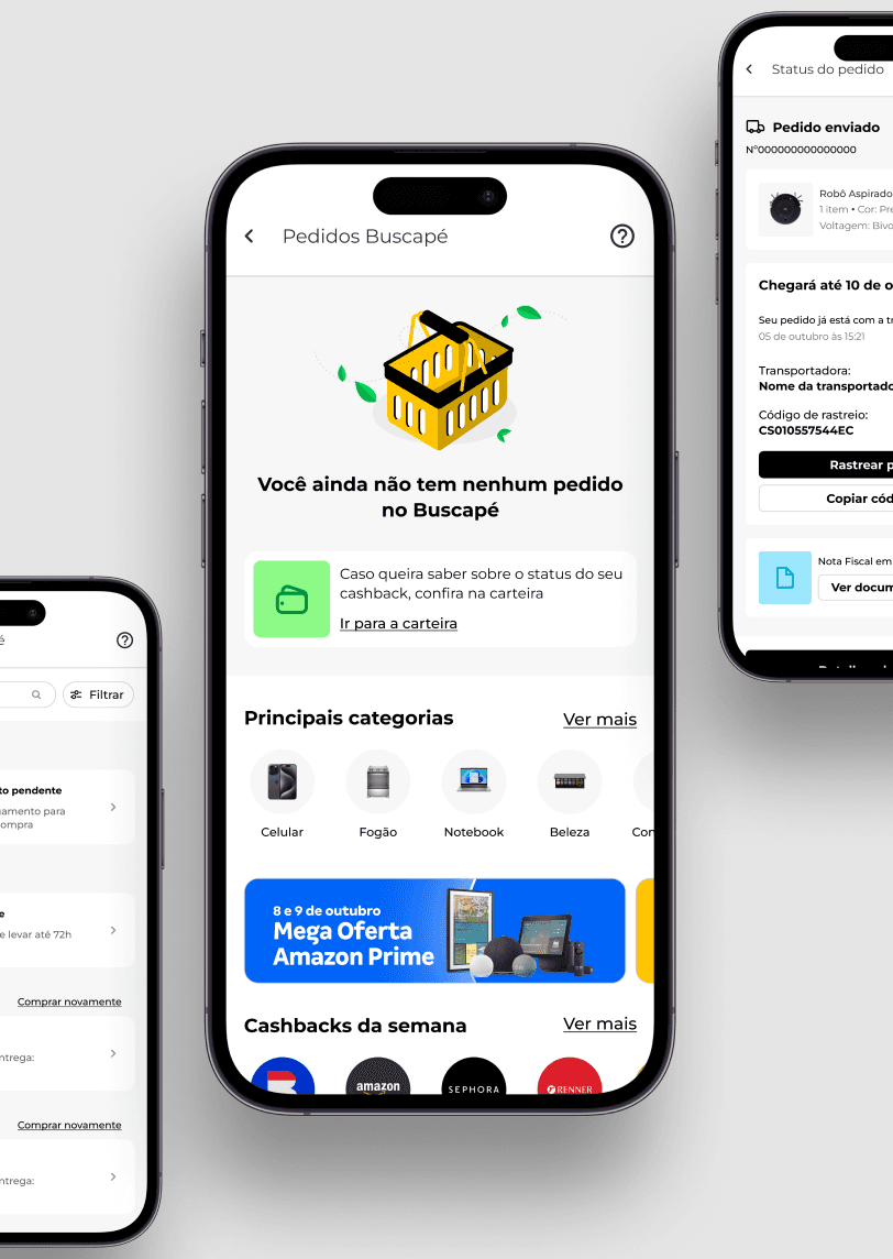 Aplicativo Buscapé: tela de pedidos, mostrando categorias de produtos e ofertas