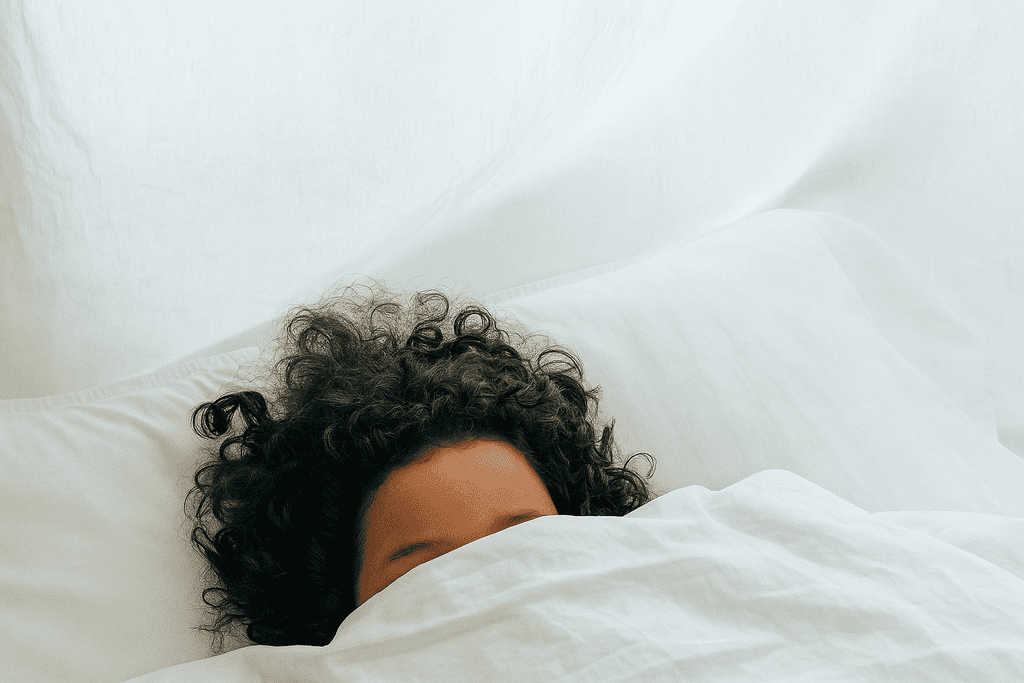 Person in bed in white bedding, hiding their face under the covers.