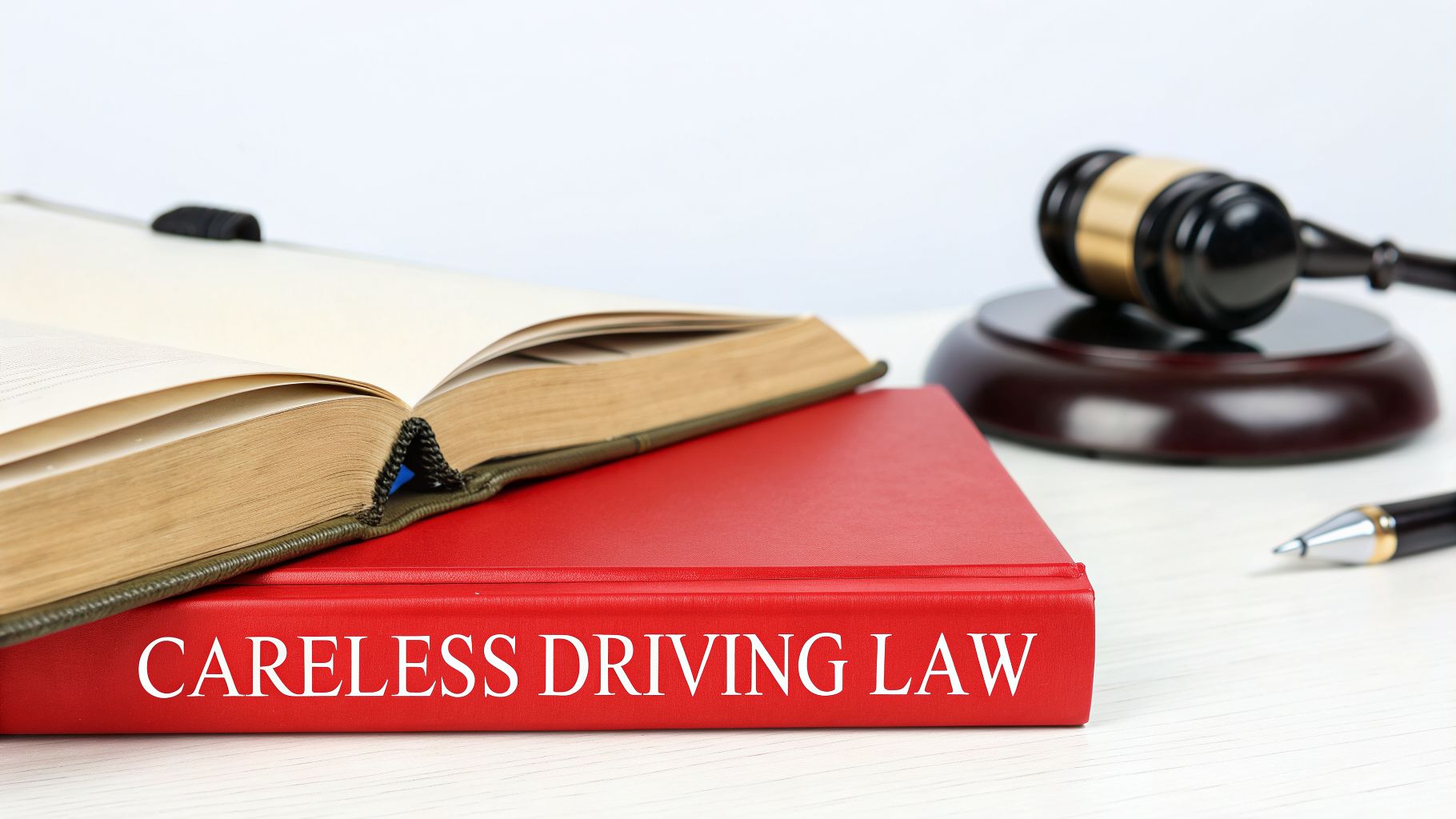 An open book rests on a red book titled 'Careless Driving Law,' with a gavel and pen nearby.