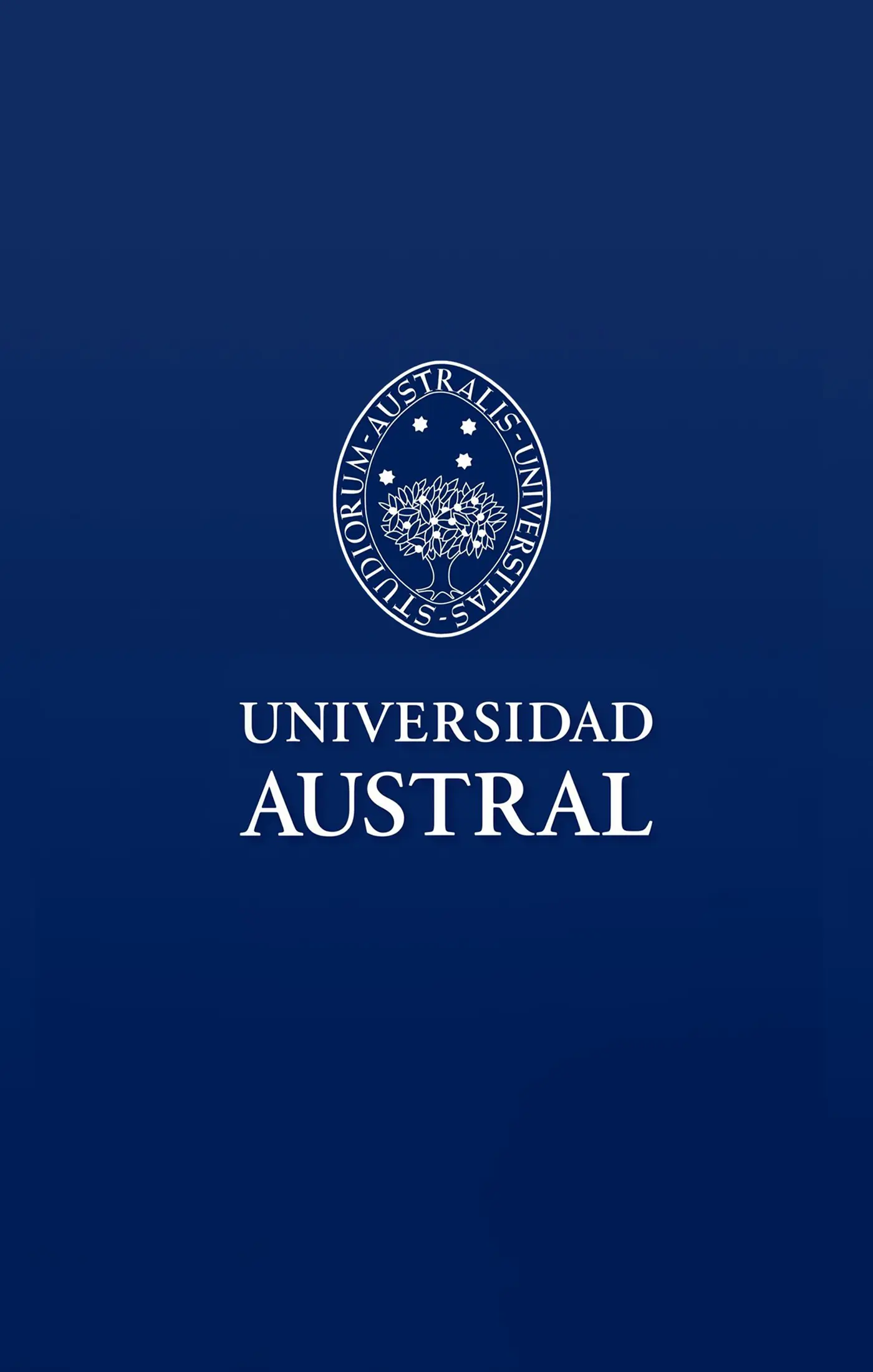 Deep blue background with "Universidad Austral" in bold white text at the bottom right. Above is a white circular emblem with a tree and stars design.