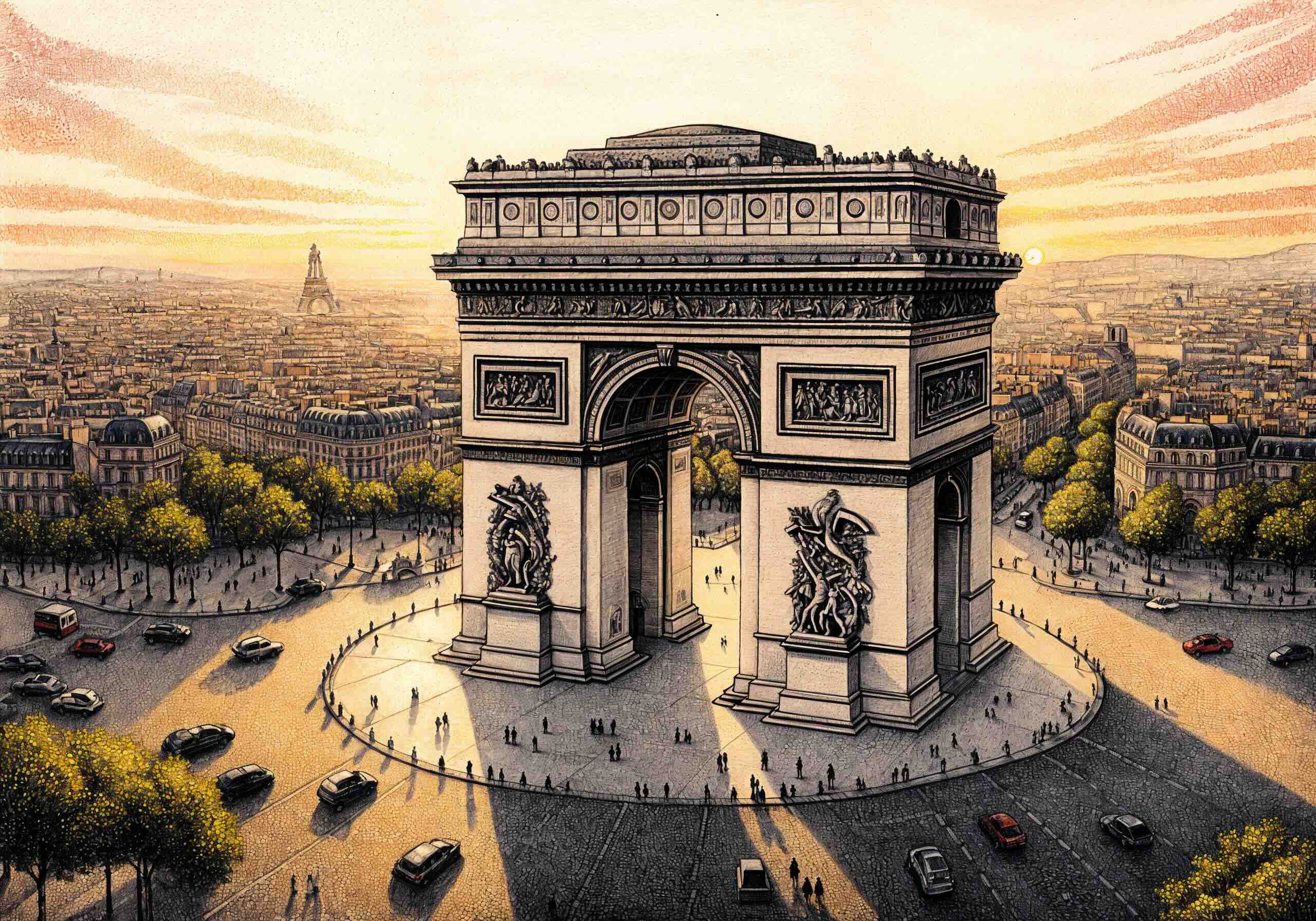 Detailed illustration of the Arc de Triomphe in Paris at sunset, surrounded by a bustling roundabout with cars and pedestrians, with the Eiffel Tower visible in the distance.