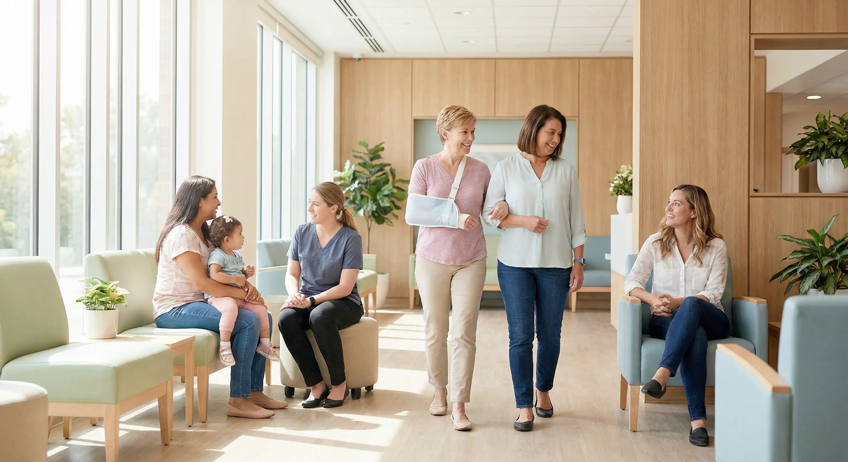 Pflegekräfte sprechen mit Angehörigen und Kind im Wartebereich einer Einrichtung