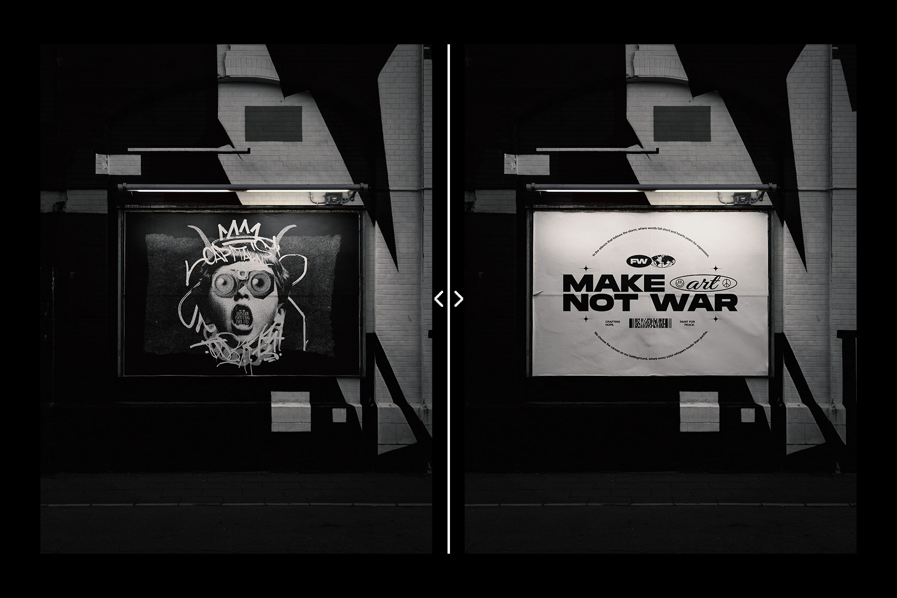 Urban billboard mockup displaying two poster design examples in moody night scene