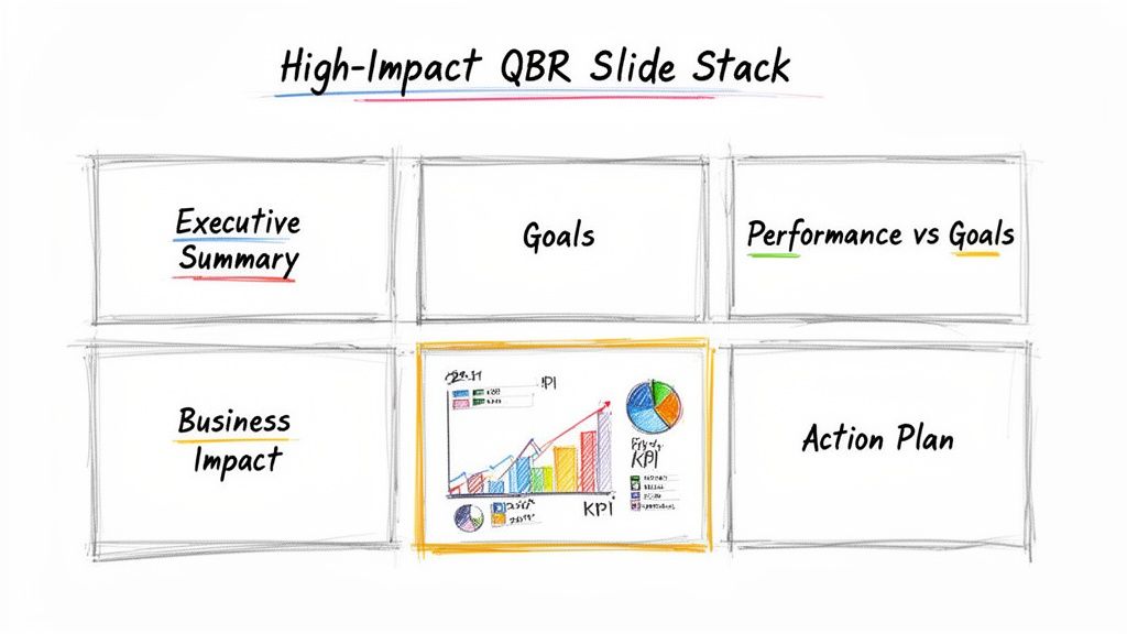 Diagram outlining a High-Impact QBR slide stack with sections for summary, goals, performance, business impact, and action plan.