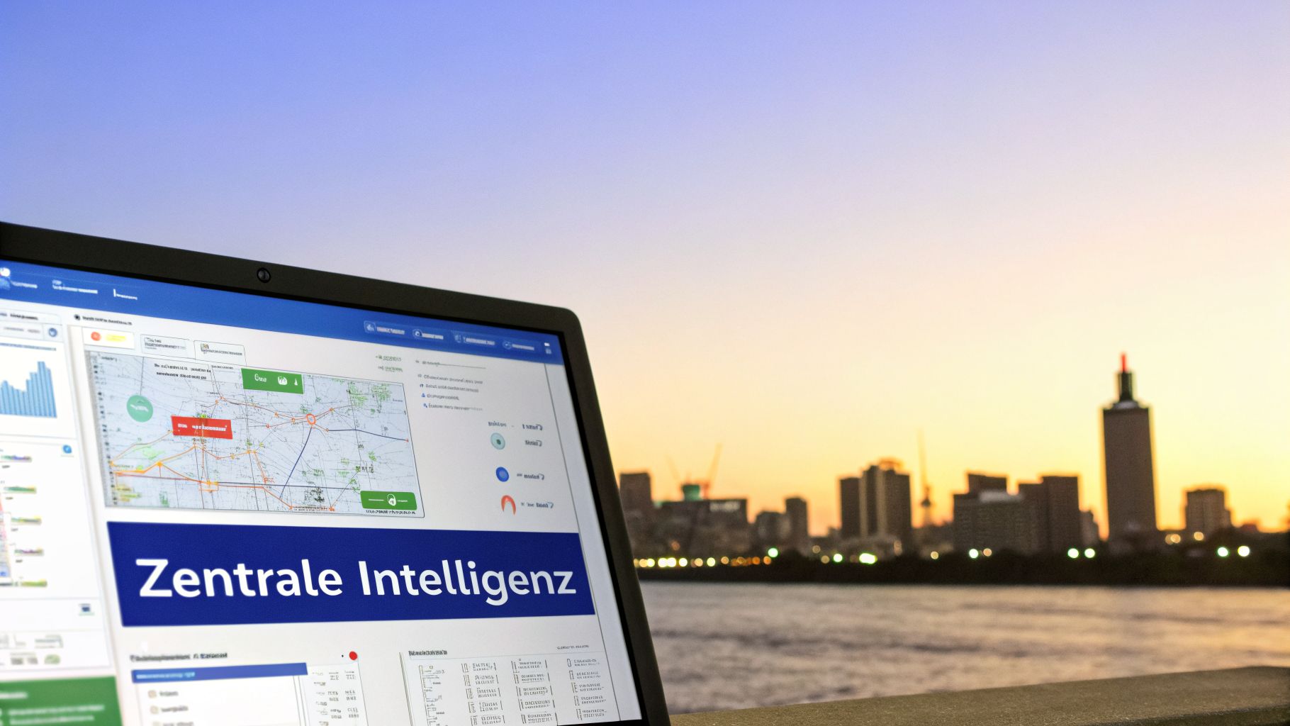 Laptop zeigt "Zentrale Intelligenz" Software mit Karte und Daten vor einem Stadtpanorama bei Sonnenuntergang.