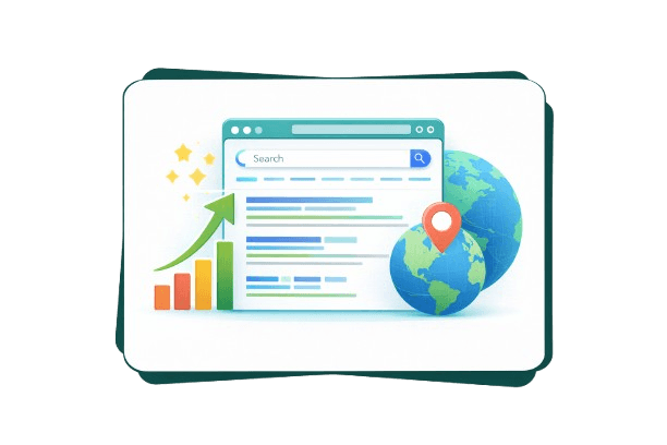 Illustration of Google search engine showing a search results dashboard with ranking growth, global reach, and SEO performance indicators inside a floating card.