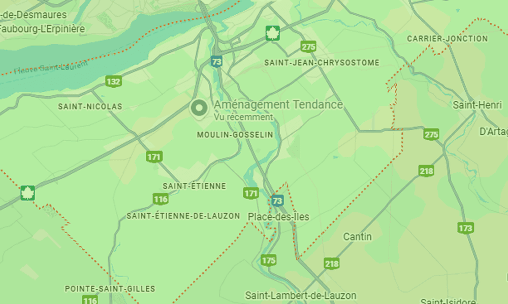 Carte montrant la zone de Lévis étant desservie par B2Web, experts en développement web et optimisation SEO