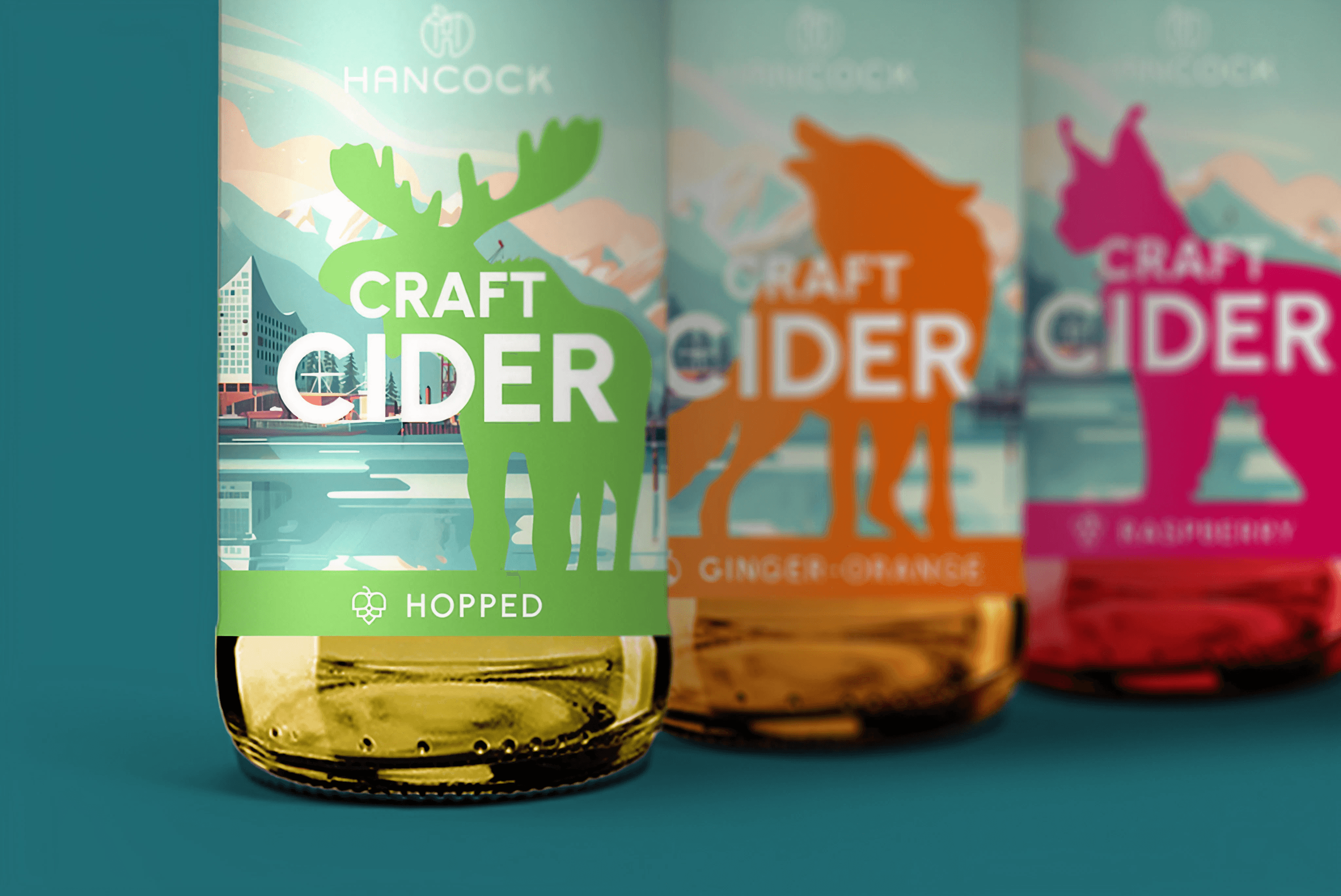 Hancock Craft Cider bottles with animal illustrations.