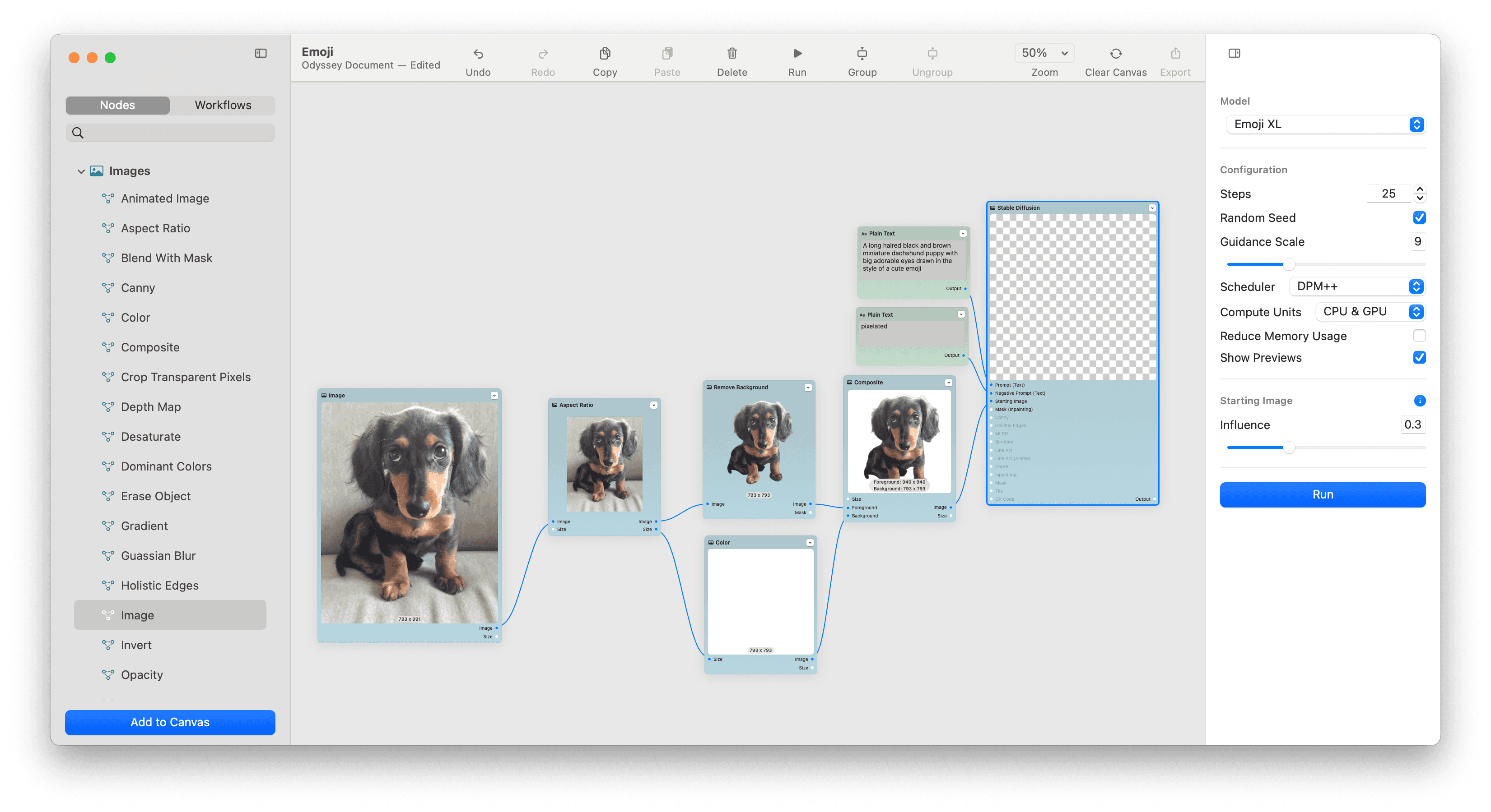 Model settings in Odyssey's Stable Diffusion AI emoji workflow