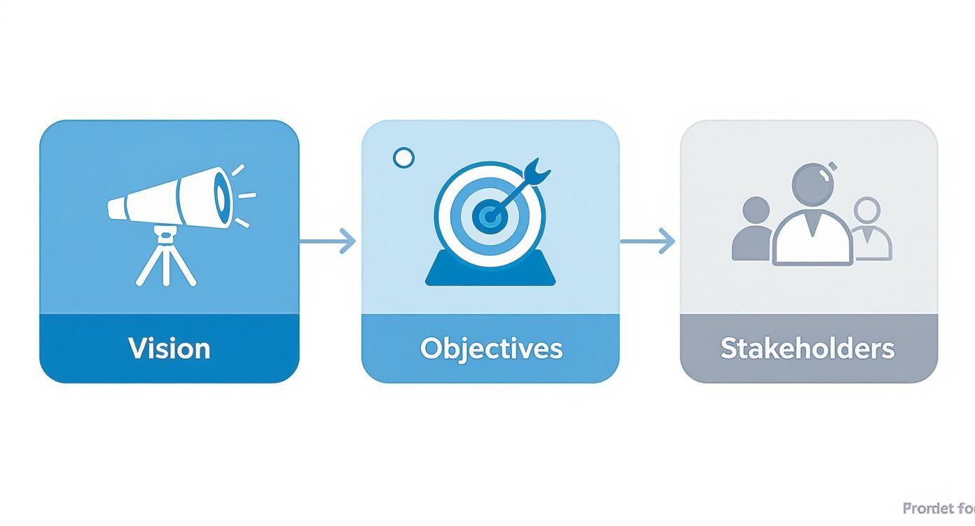 Process diagram showing vision (telescope), objectives (target), and stakeholders (people) in sequence.