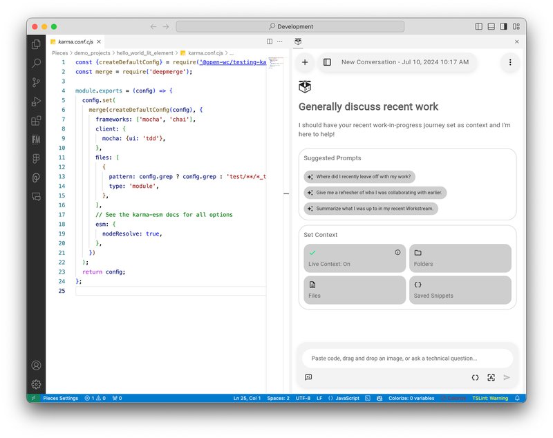 Using Pieces Copilot+ with Live Context in VS Code.