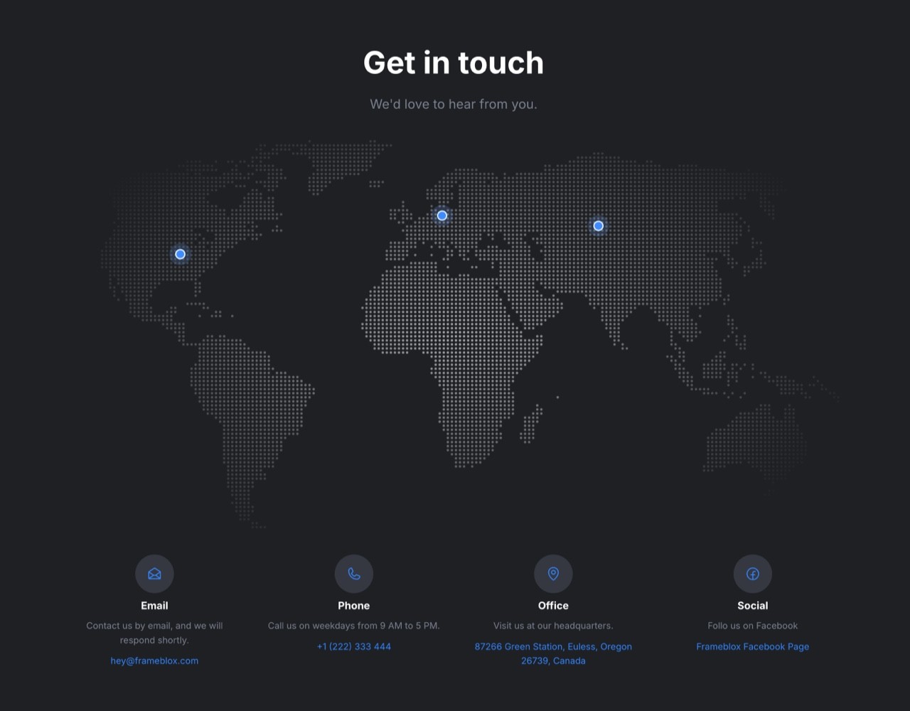 Framer Dark Contact Section - Frameblox UI