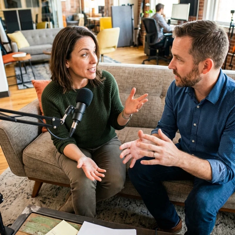 Équipe de professionnels en studio d'enregistrement, préparant une interview avec micro et matériel de captation, illustrant notre expertise en Production audiovisuelle pour garantir des prises de parole préparées et confiantes.