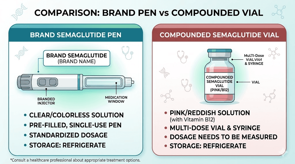 Comparison infographic of brand versus compounded semaglutide appearance