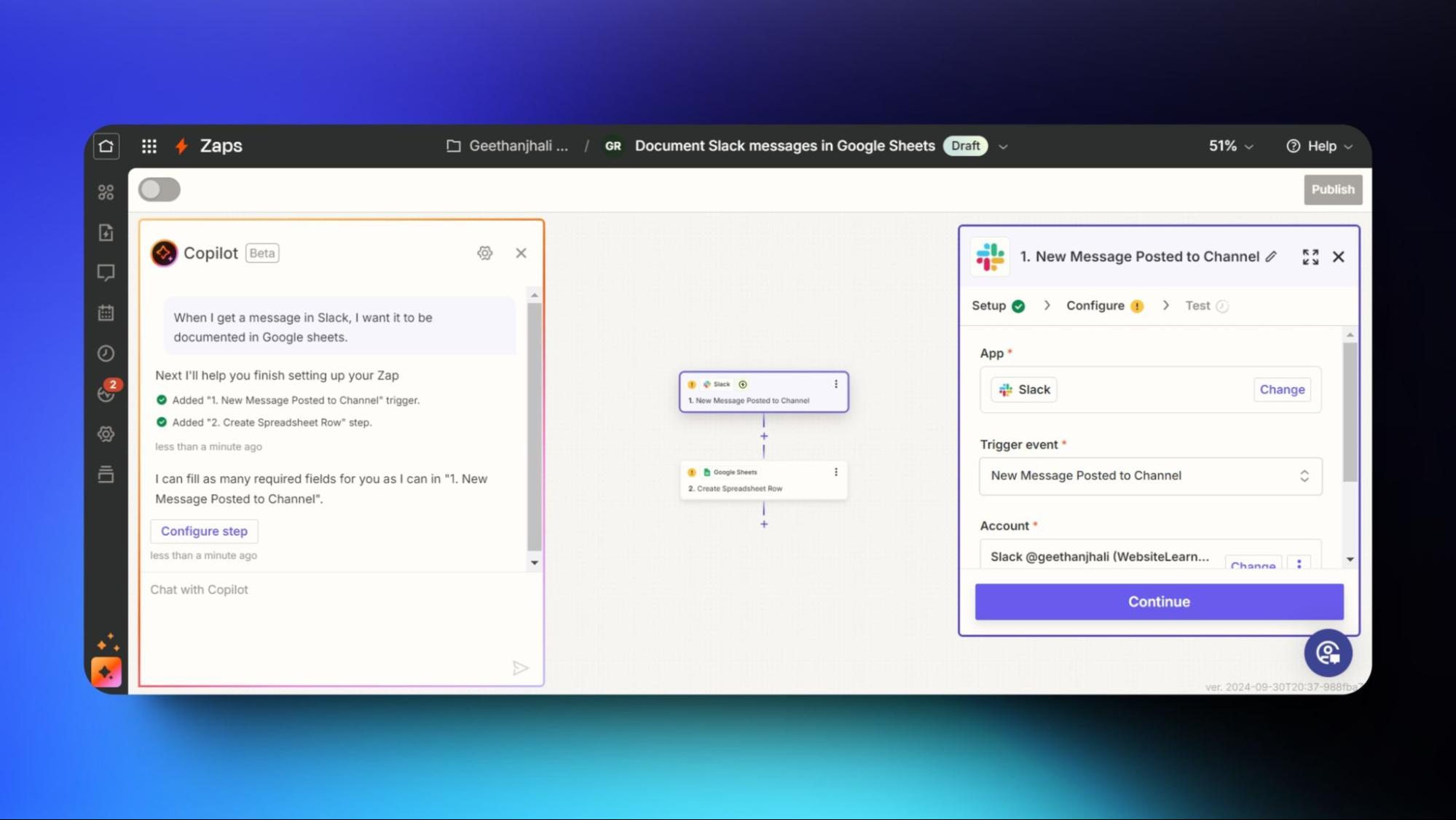 Screenshot of a Zapier workflow integrating Slack and Google Sheets using Copilot to document Slack messages in a Google Sheets file automatically.