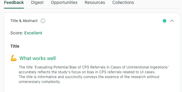 thesify title and abstract feedback showing an Excellent score and a short explanation of what works well
