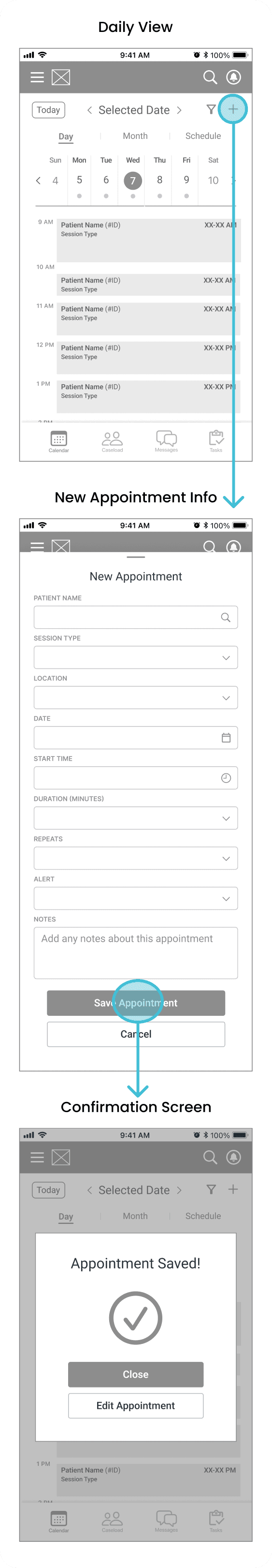 Mid fidelity wireframe of monthly schedule view