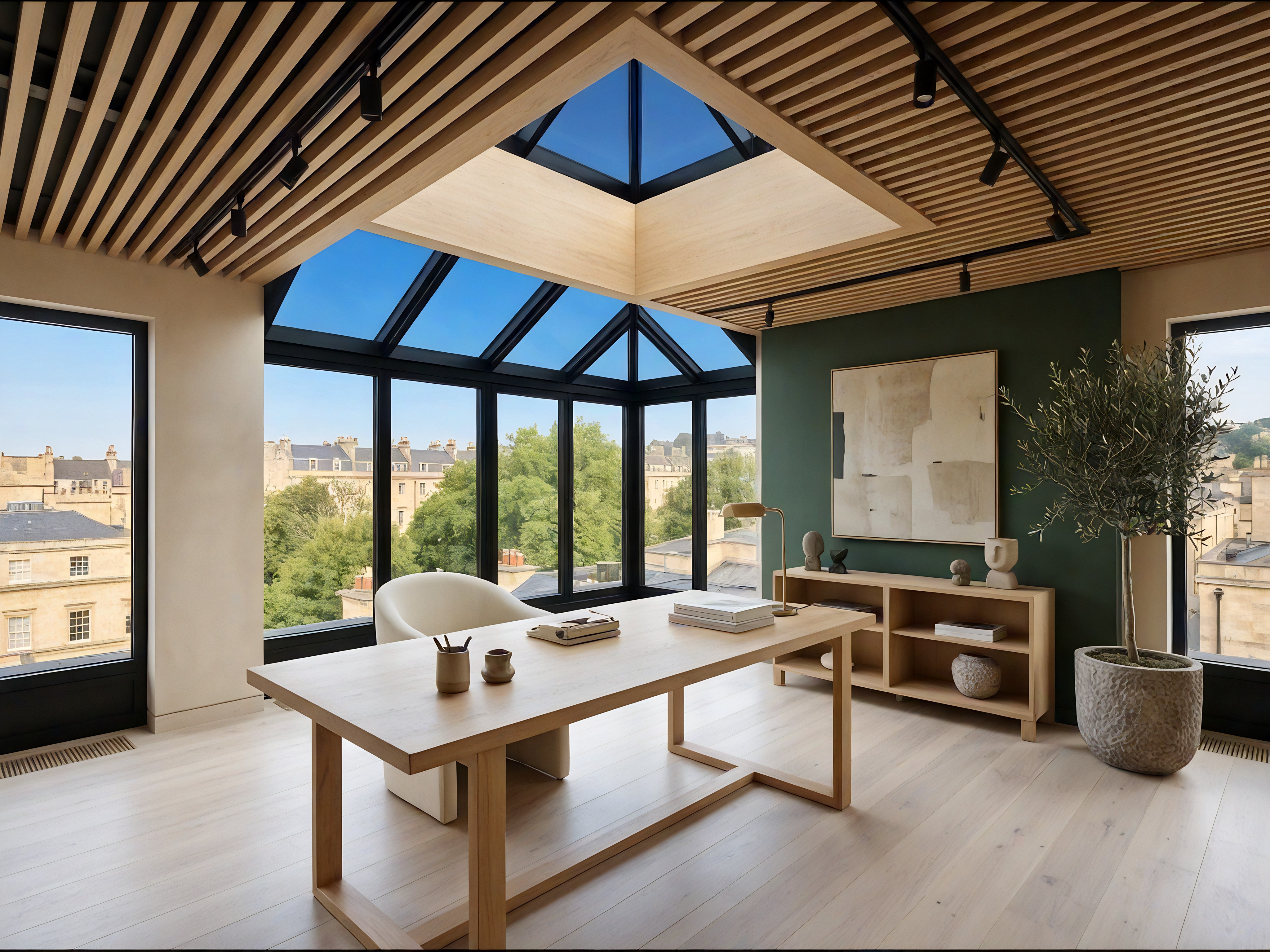 A bright and contemporary bathroom with off-white paneled walls, white marble flooring, and a recessed ceiling. The room is centered around a large, white freestanding oval bathtub positioned within a bright bay window that offers a panoramic view of green trees and a distant town. The tub features a central gold-toned faucet with a white towel draped over the side and a folded bath mat on the floor in front. To the left, a white vanity with a marble countertop and gold hardware sits beneath a gold-framed mirror, next to a white toilet. To the right, a white paneled door with glass inserts stands slightly ajar. The space is flooded with soft, natural light, creating a clean and tranquil atmosphere.