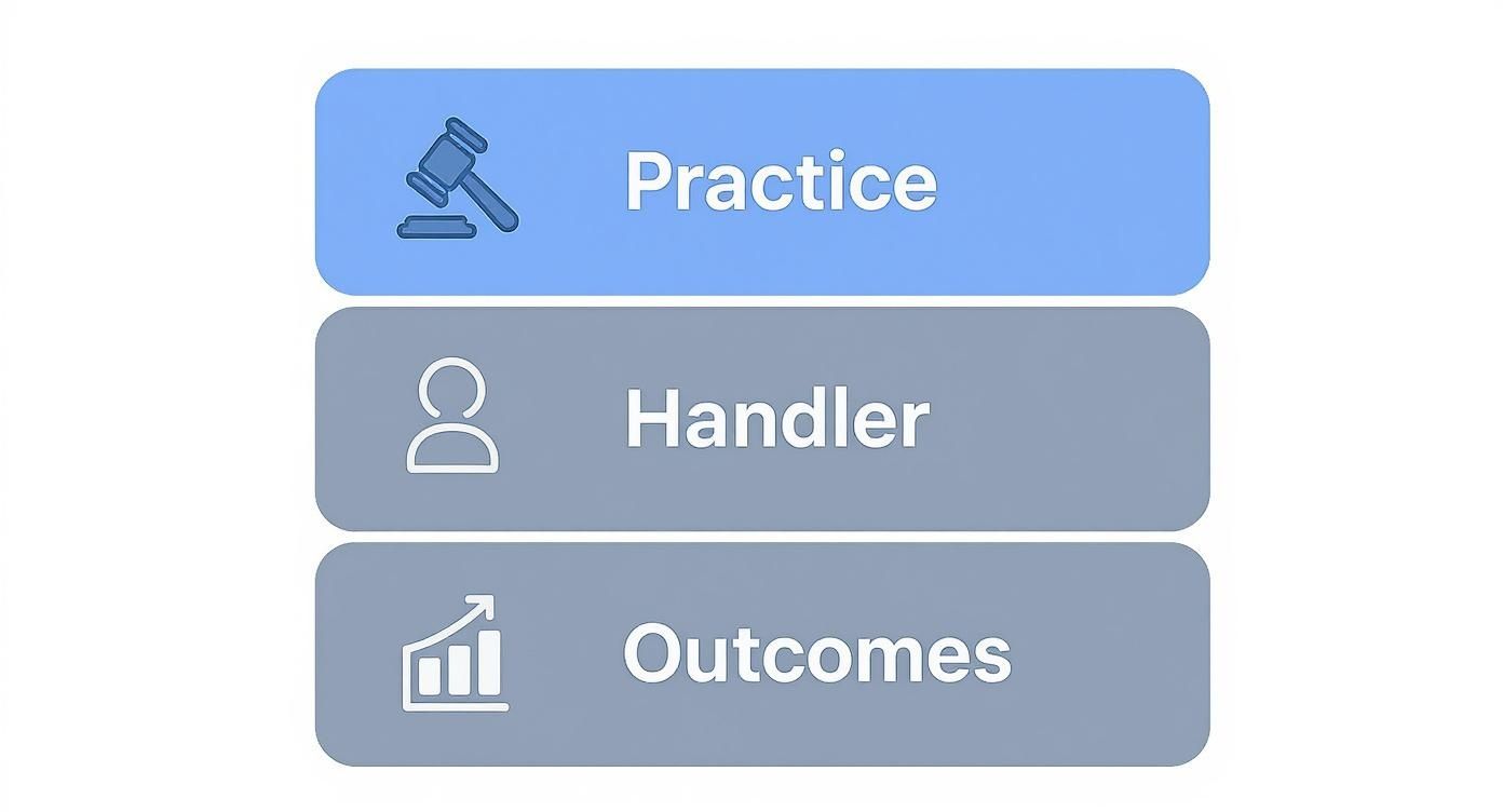 Three buttons showing legal practice, handler representation, and case outcomes with icons on blue and gray background