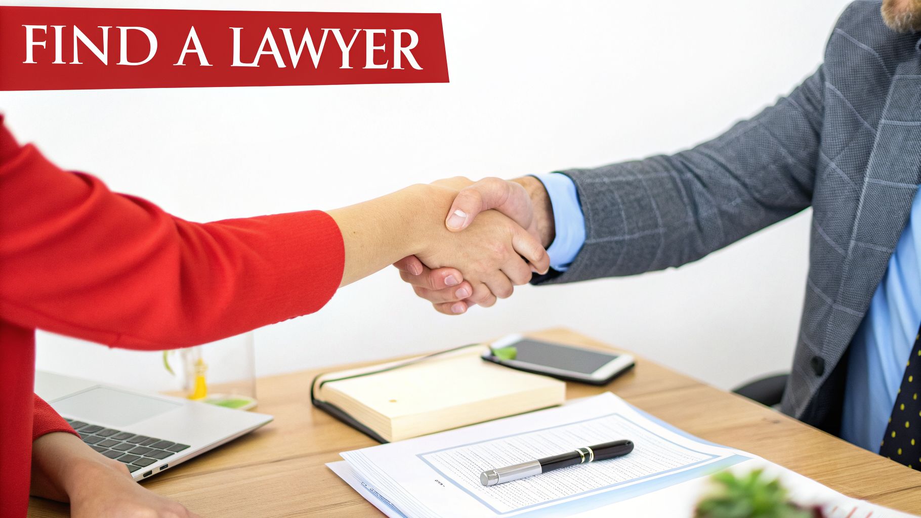 Two people, likely a client and a lawyer, shaking hands over a desk with legal documents.