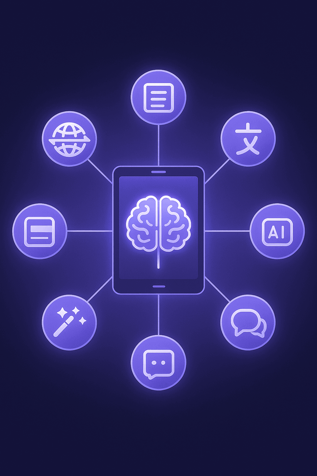 Hub-and-spoke diagram showing seven core features of a multilingual AI study platform