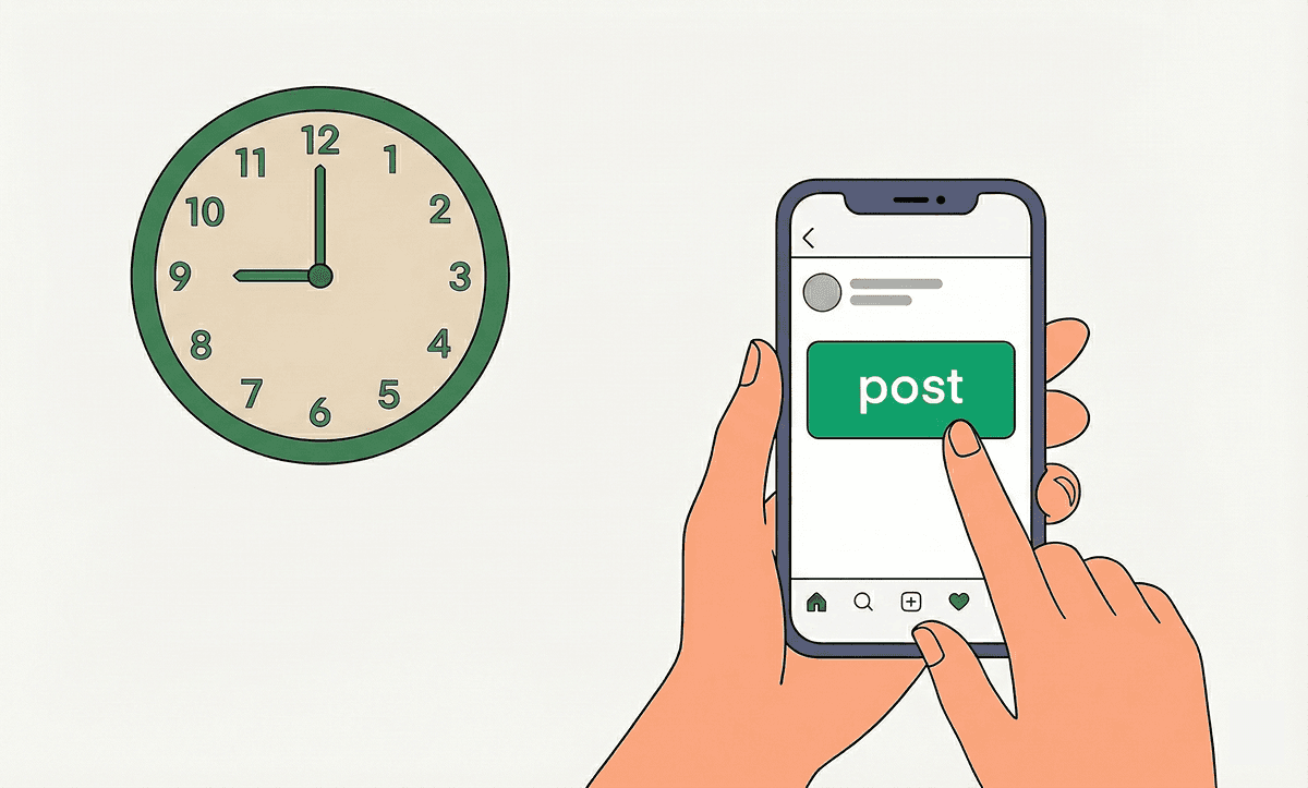 Analog wall clock showing 11 o’clock next to a hand posting on a social media app.