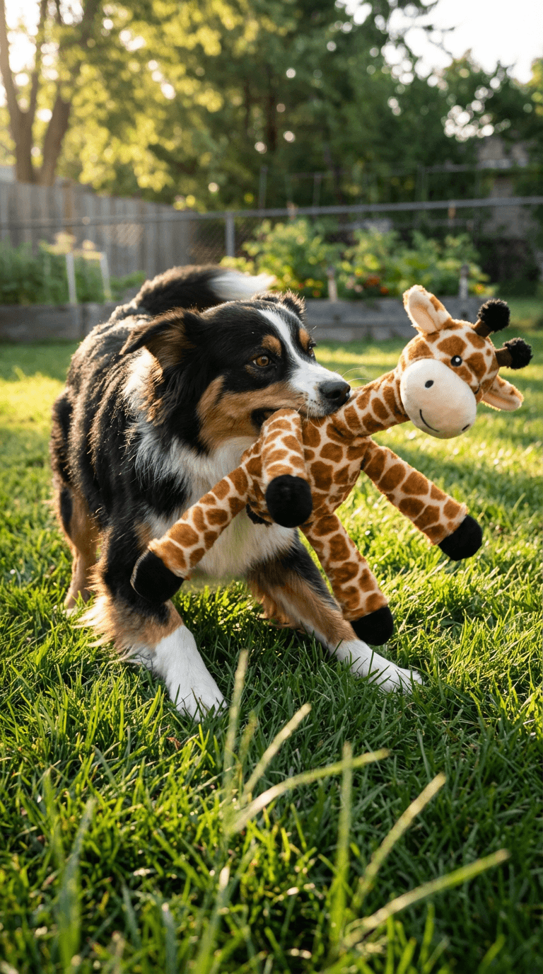 Australian shepherd carrying a giraffe plush toy across a green backyard at golden hour