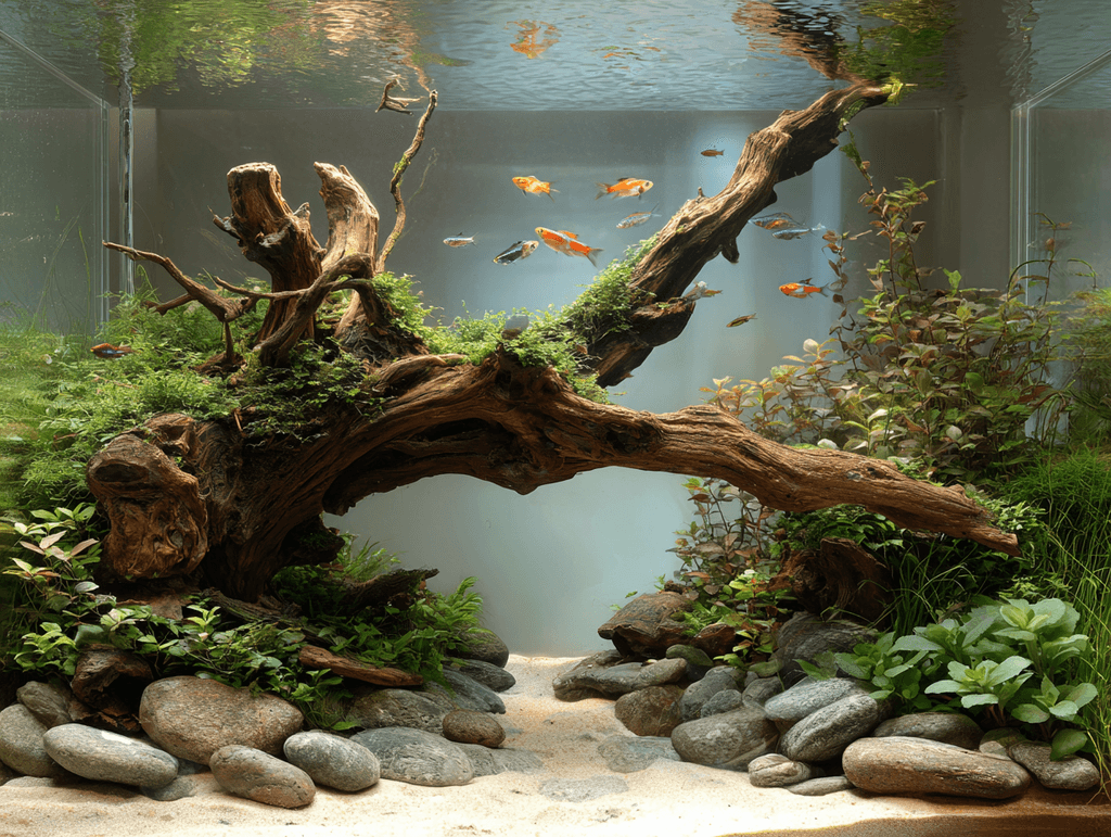 A single piece of driftwood acring as the main centrepiece of an aquascaped fish tank
