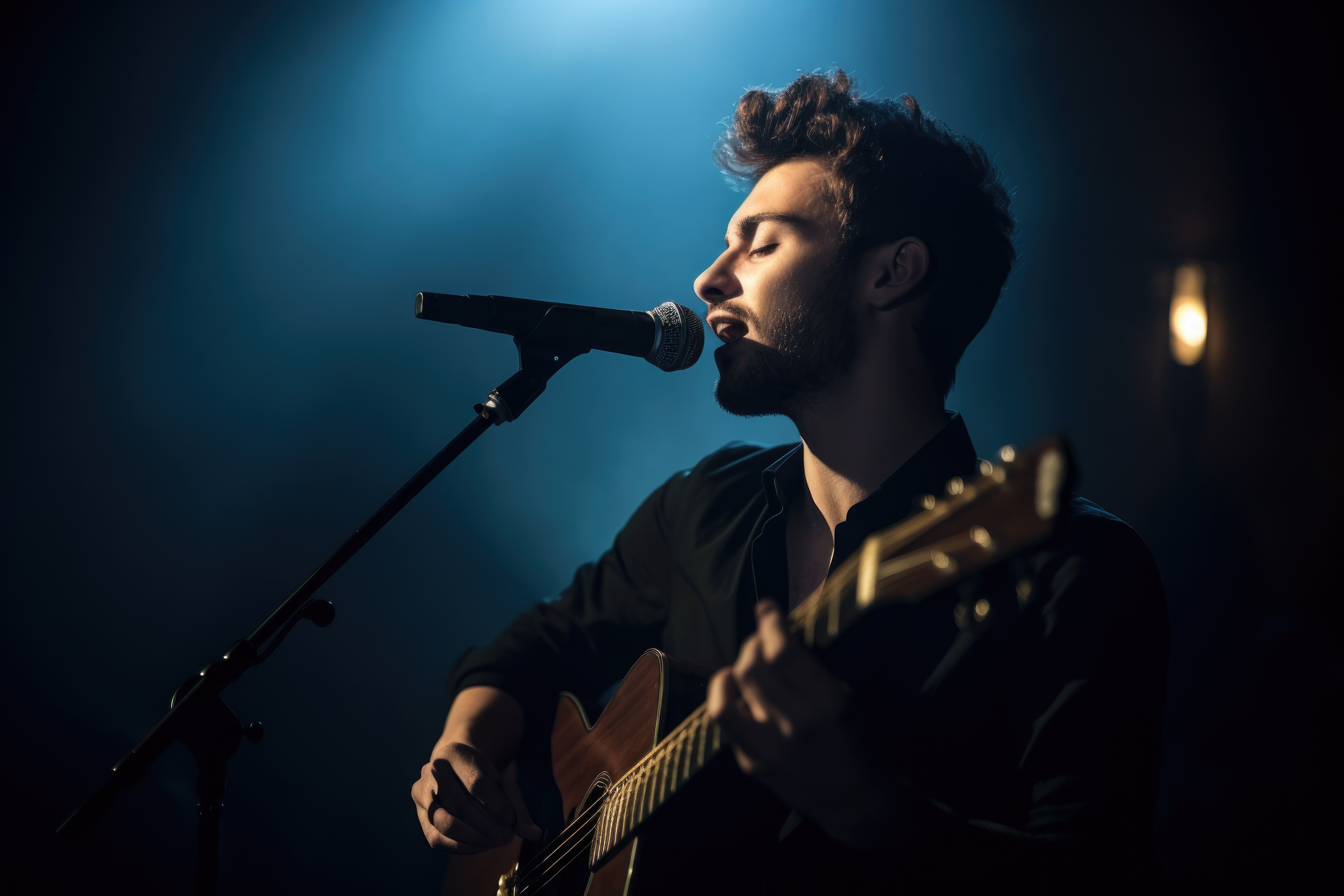 A male singer holding a microphone while performing on stage under dramatic lighting, with a guitar visible in the background.