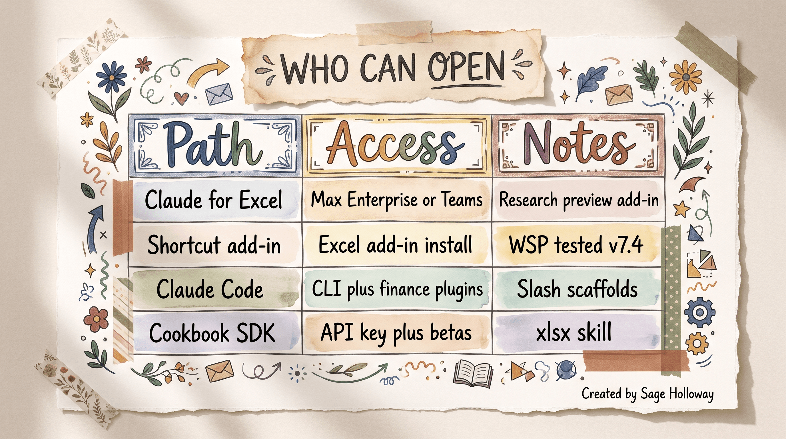 Table of access requirements for Claude for Excel, Shortcut, Claude Code, and the Cookbook SDK