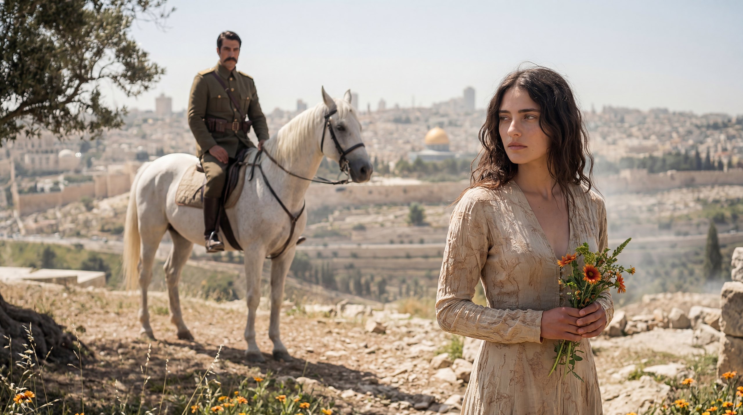 A young woman on a hillside holding wildflowers, turning; behind her an officer mounted on a white horse, and the walled city in the haze beyond