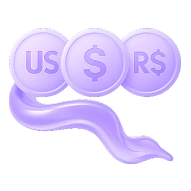 Ícone roxo com moedas e símbolos monetários indicando operações internacionais.