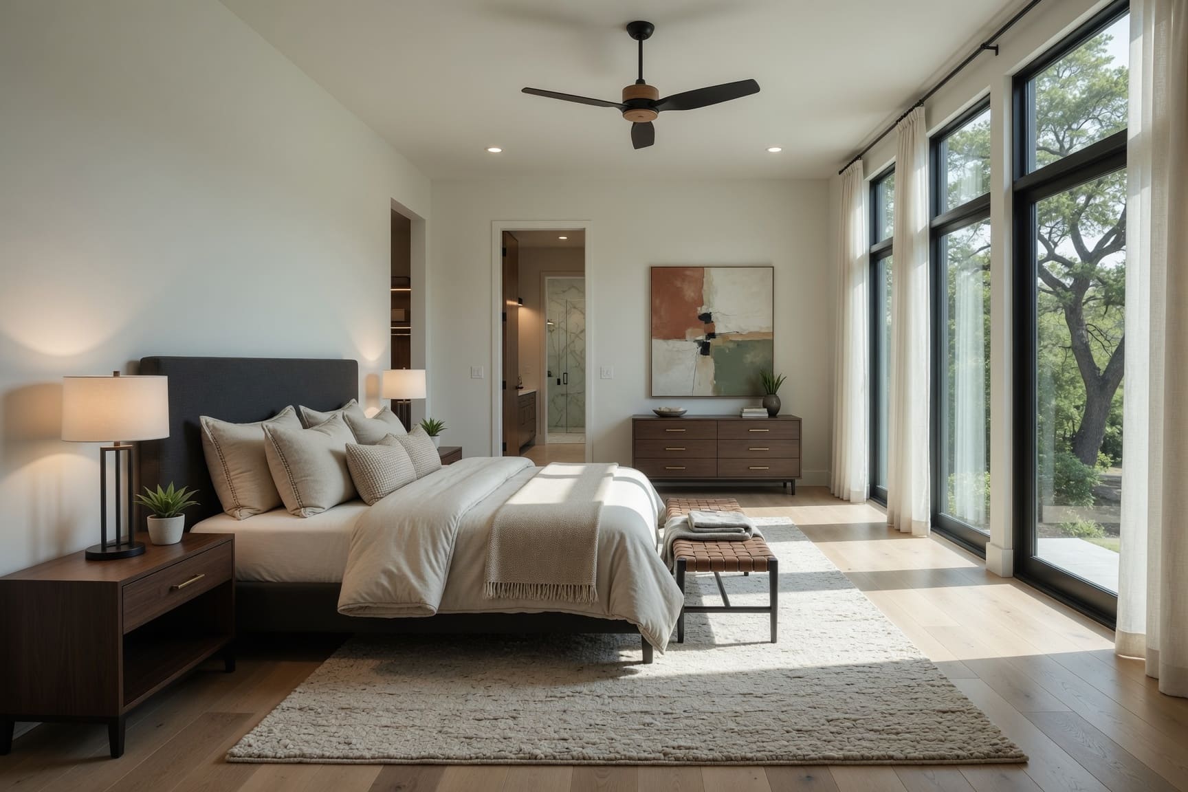 Primary bedroom with garden views and ceiling fan