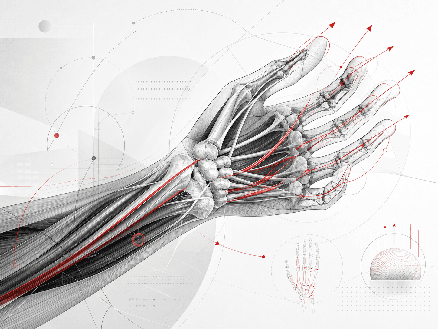 Abstract forearm wrist and hand physical therapy illustration with tendon and grip cues
