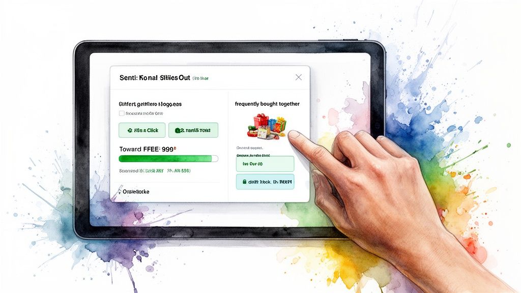 Hand touching a tablet screen displaying an e-commerce interface with gift ideas and cross-selling options.