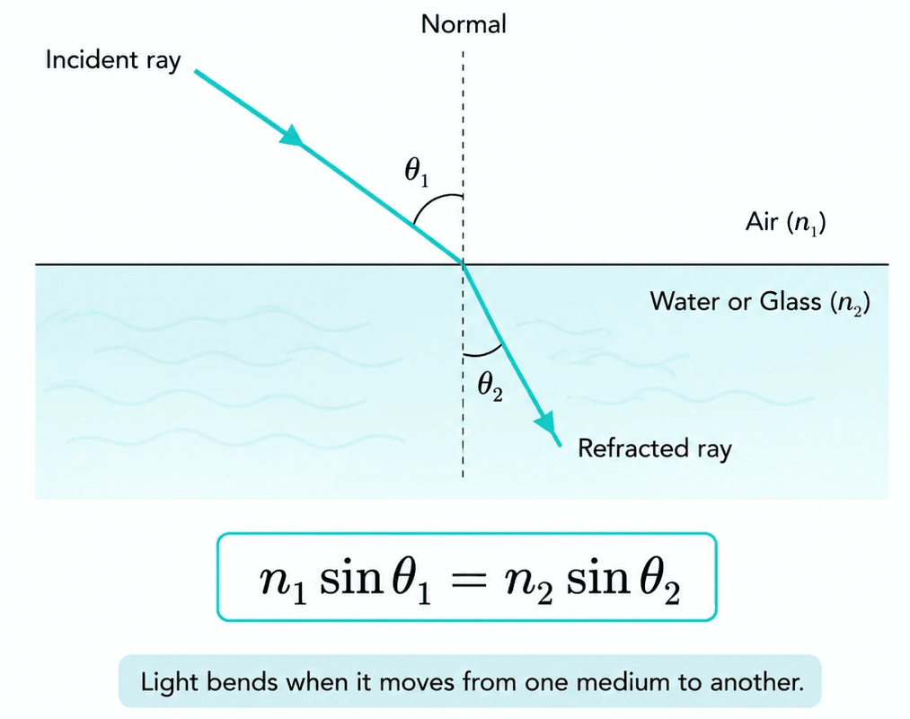 Refraction and Snell's law diagram showing light bending from air into water with labeled angles - SNC2D Grade 10 Science optics
