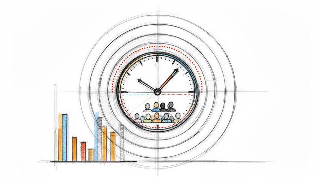 Hand-drawn illustration of a clock, people icons, and a bar graph, symbolizing strategy and collaboration.