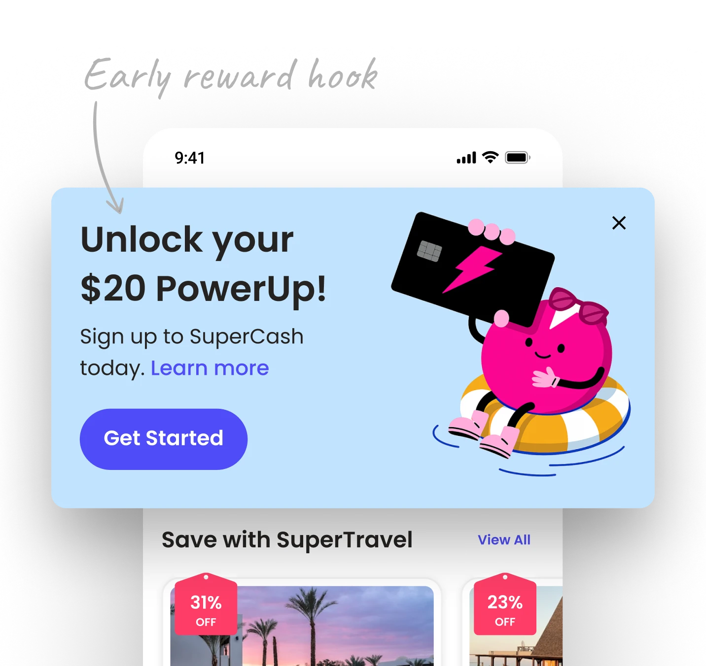 A UI mockup of a mobile app displaying an "Early reward hook" via a light blue pop-up modal. The modal features a pink character mascot floating in an inner tube holding a black credit card with a pink lightning bolt. The text "Unlock your $20 PowerUp!" is paired with a "Get Started" button, positioned over a background showing travel deal cards.