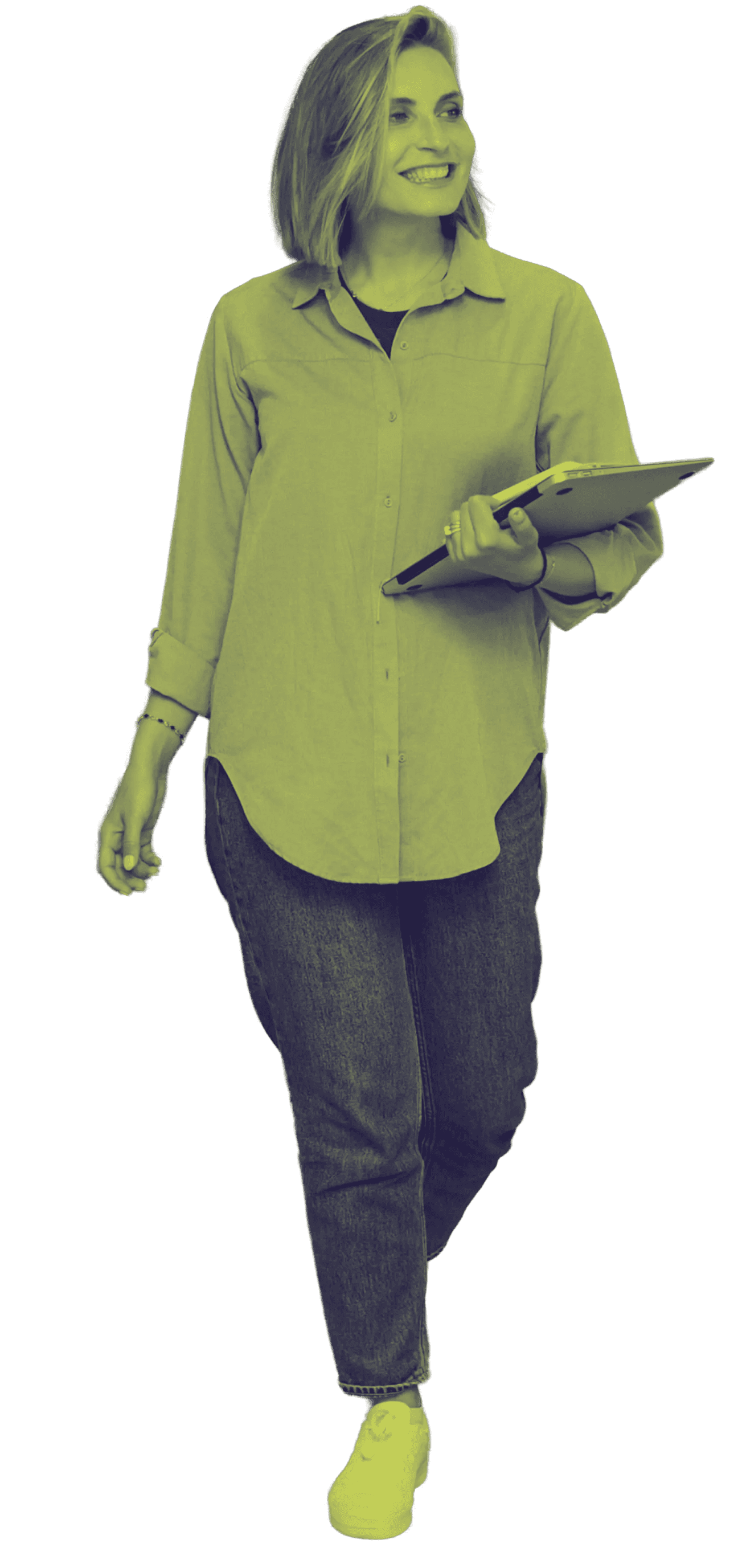 A professional woman in a suit holds a tablet, appearing focused and engaged in her work.