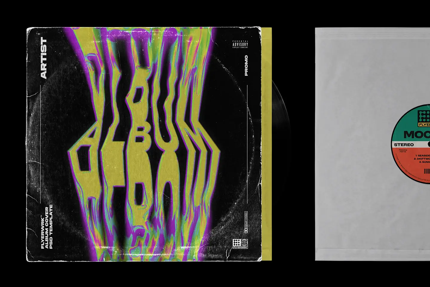 Vinyl record mockup displaying custom album cover design with colorful artwork