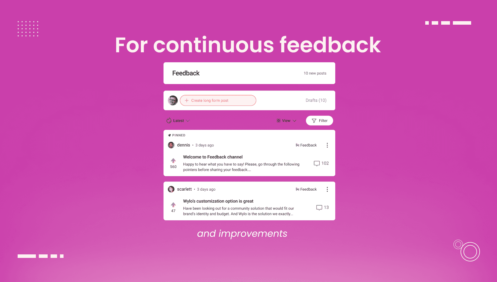 Members sharing their suggestions in a feedback and improvement channel of a community built using Wylo.