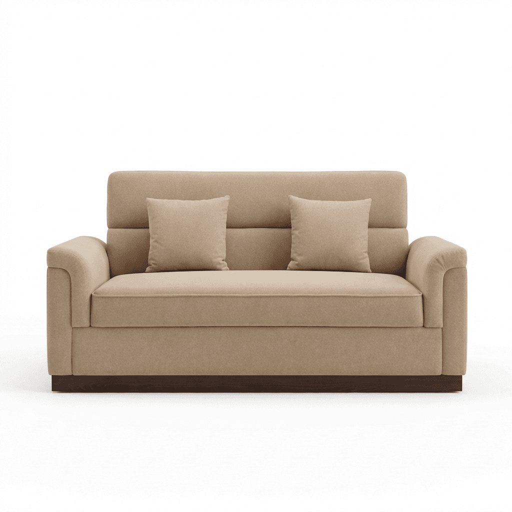 Three‑seater cream upholstered sofa with tufted back cushions and wooden arm frame