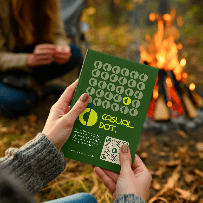 Woman holding a green "Casual Dot" book with a campfire in the background, promoting outdoor leisure activities.