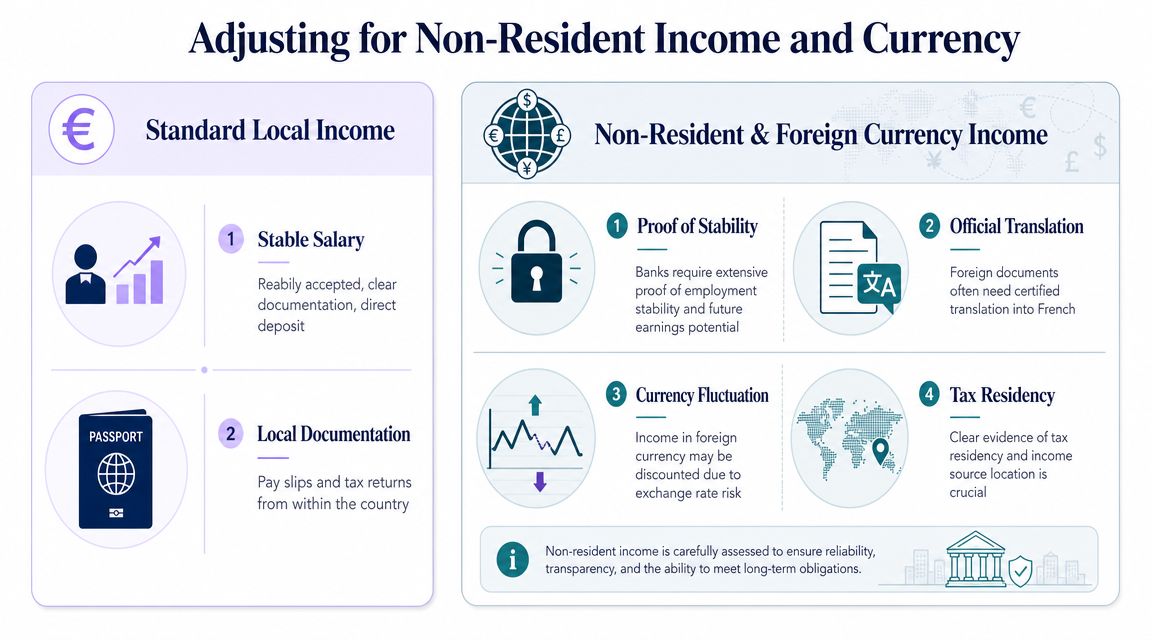 A visual guide illustrating the requirements for standard local income versus non-resident and foreign currency mortgage applications.