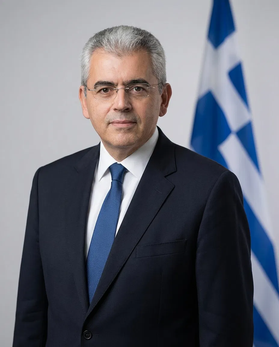 Portrait of Greek politician Maximos Charakopoulos with a subtle Greek flag in the background.